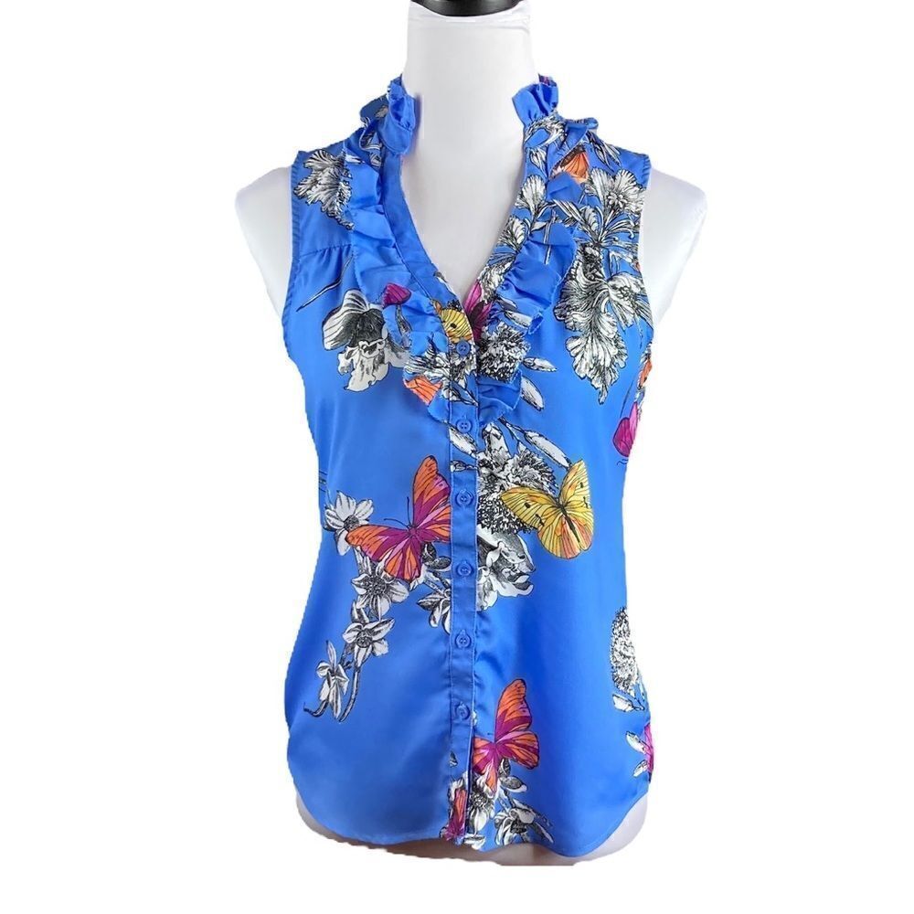 New York & Company Blue‎ Sleeveless Button Shirt With Ruffle Neck, Size XS